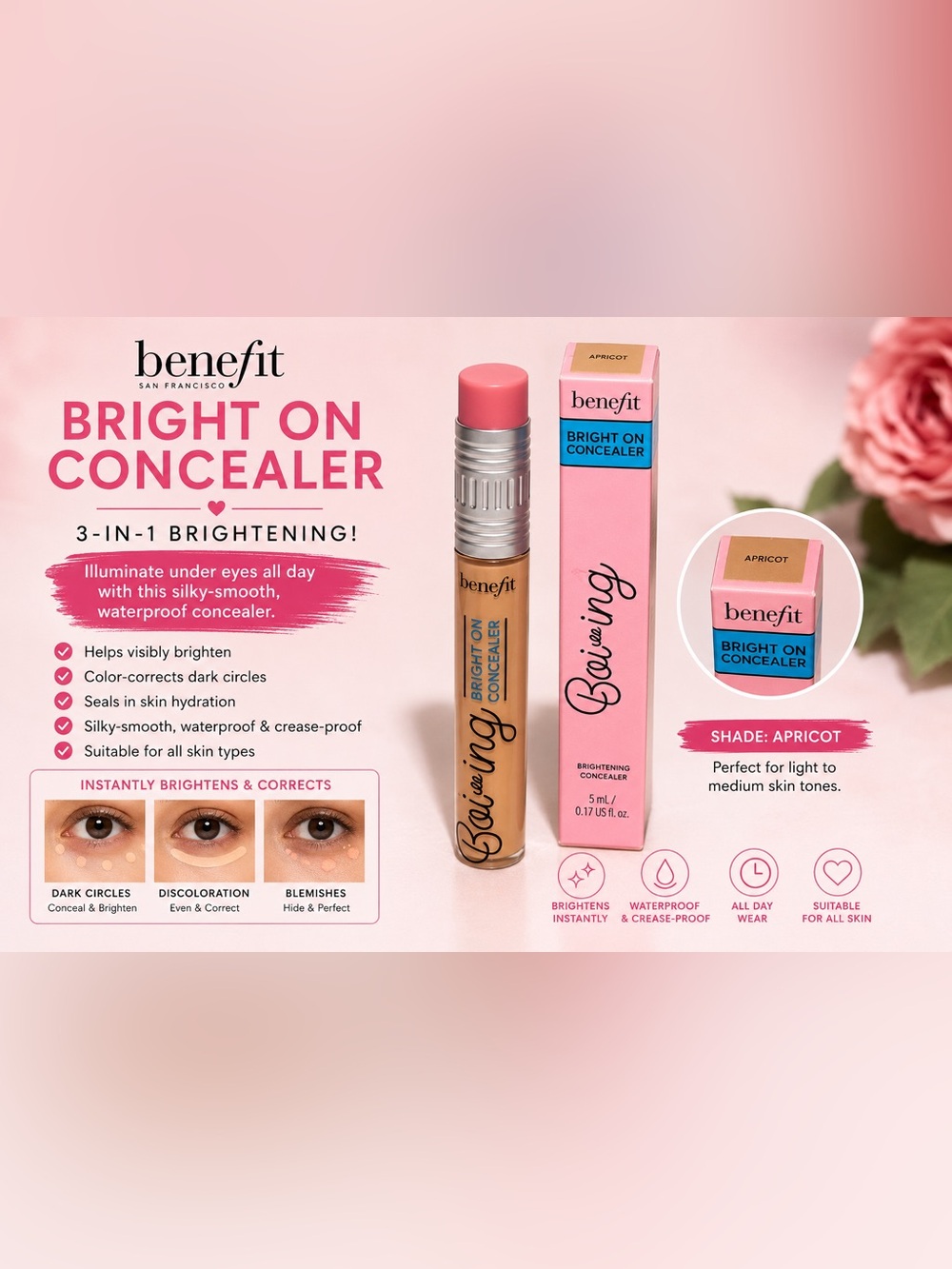 benefit Bright On Concealer Stick - Apricot with Pink Cap